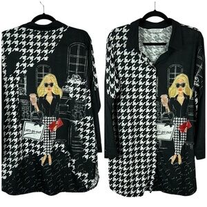 New Label Houndstooth Novelty Let's Go Out Button Down Tunic Top Large Black
